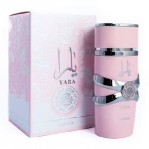 Yara Lattafa Eau de Parfum 100ml Pink Bottle Front View Lattafa Yara Perfume for Women Sweet Vanilla Tropical Scent Yara Lattafa Pink Perfume Bottle Packaging UK Yara by Lattafa Arabian Perfume 100ml Women Yara perfume vanilla musk tropical fragrance
