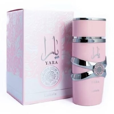 Yara Lattafa Eau de Parfum 100ml Pink Bottle Front View Lattafa Yara Perfume for Women Sweet Vanilla Tropical Scent Yara Lattafa Pink Perfume Bottle Packaging UK Yara by Lattafa Arabian Perfume 100ml Women Yara perfume vanilla musk tropical fragrance