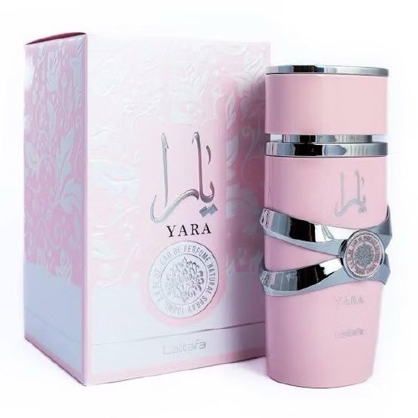 Yara Lattafa Eau de Parfum 100ml Pink Bottle Front View Lattafa Yara Perfume for Women Sweet Vanilla Tropical Scent Yara Lattafa Pink Perfume Bottle Packaging UK Yara by Lattafa Arabian Perfume 100ml Women Yara perfume vanilla musk tropical fragrance
